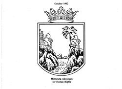 [ai] A coat of arms illustration featuring two lions on either side of a palm tree and rocky landscape, topped with a crown. Below, the text reads 'Minnesota Advocates for Human Rights' with the date 'October 1992' at the top.